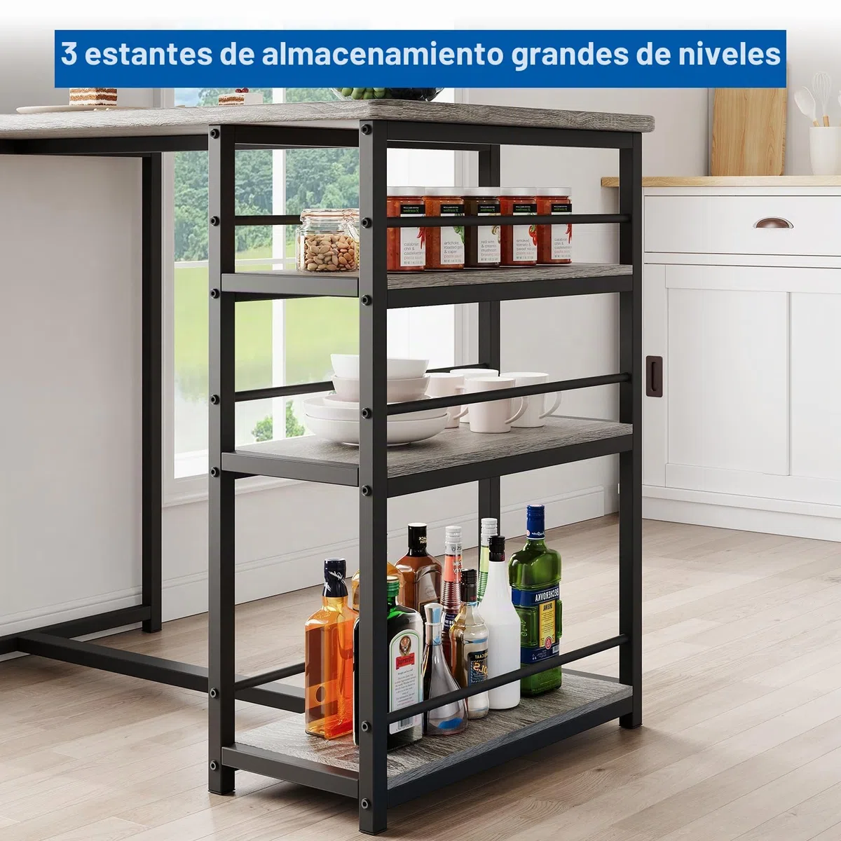 Zstar Juego De Mesa De Comedor para 2, Sillas Tapizadas, Juego De Mesa De Bar De 3 Piezas con Estante de Almacenamiento de 3 Niveles， para Espacios Pequeños, Apartamentos y Estudios, Gris