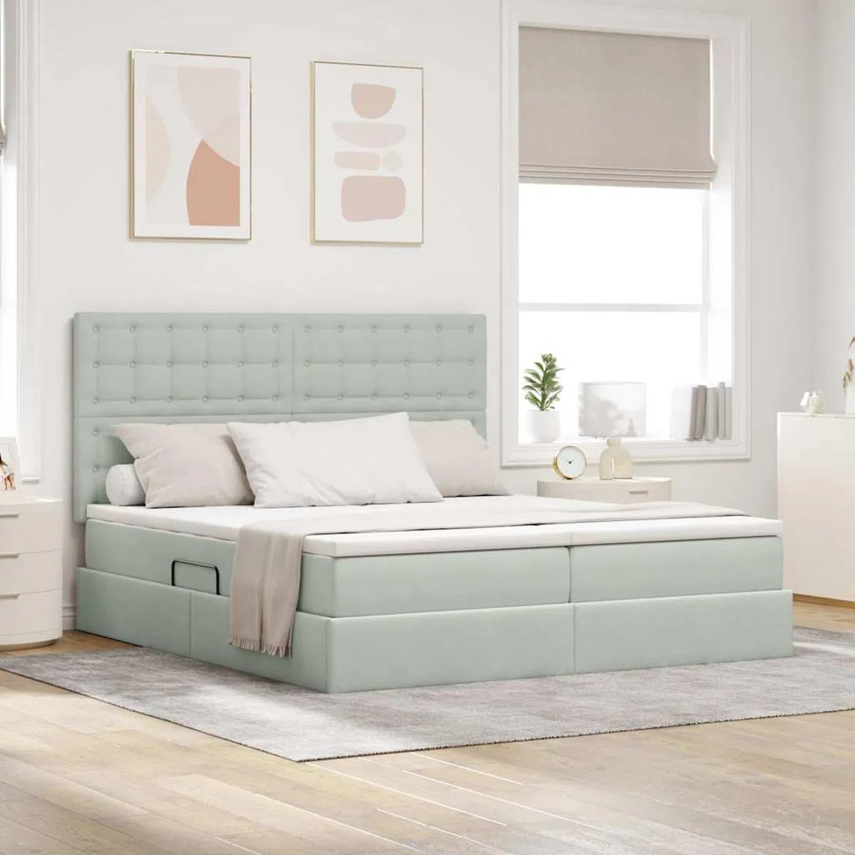 Fasba Cama de Almacenamiento con elevación hidráulica y Luces LED - Tamaño 200x203 cm, Color Gris Claro, Material Terciopelo Modelo FCZJ-3372911ES
