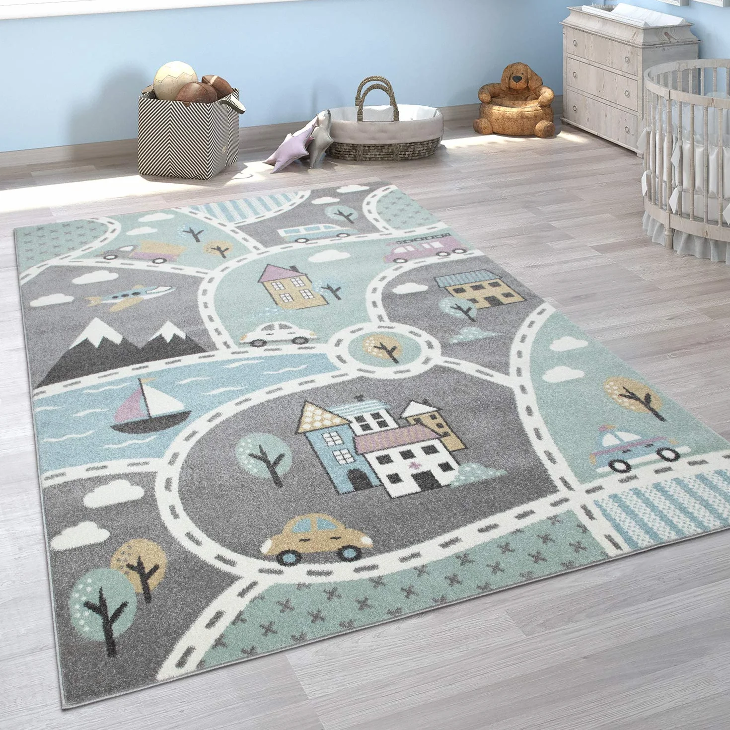 Paco Home Alfombra Infantil, Alfombra Juegos Infantil, Dibujos De Ciudad, Verde Y Gris, tamaño:120x170 cm