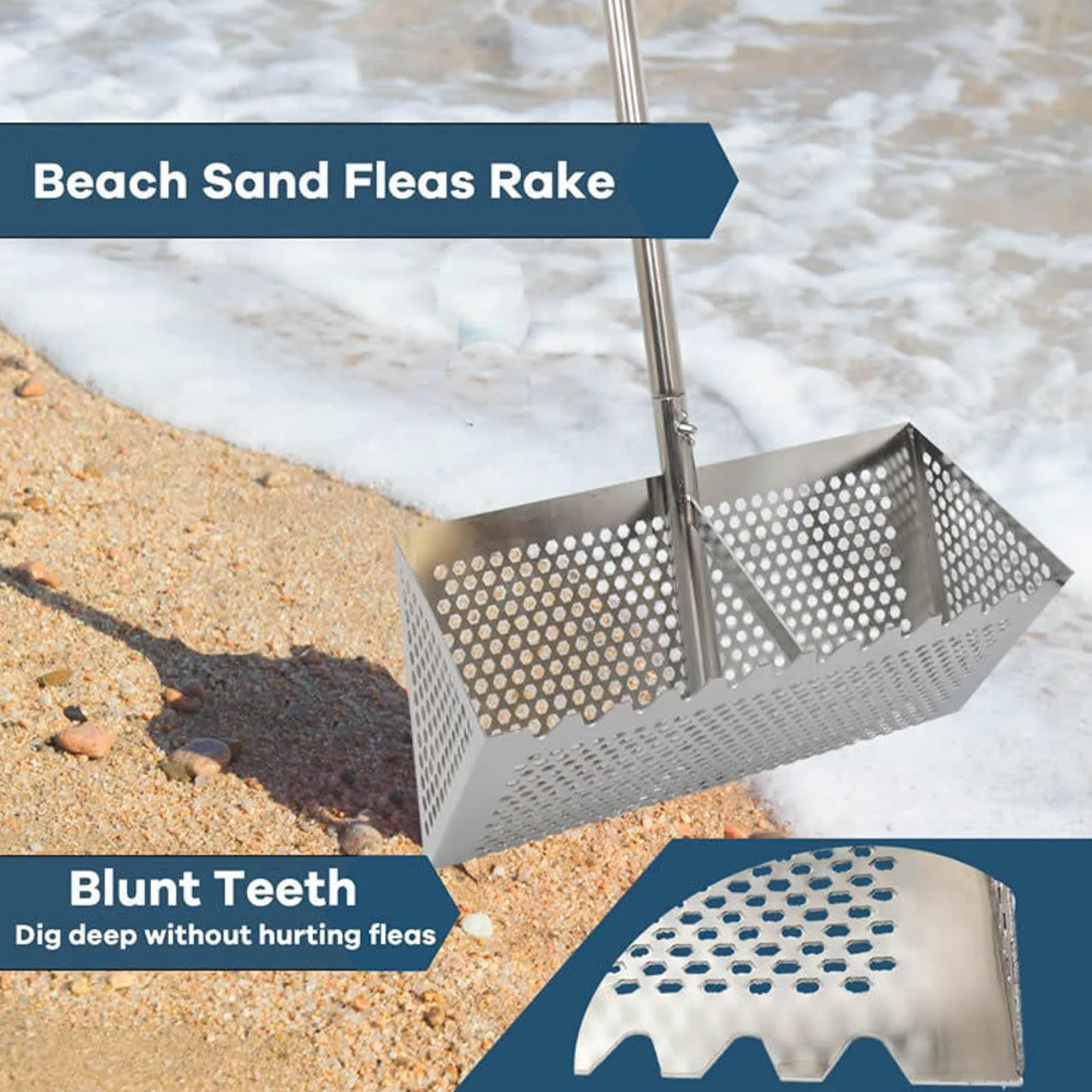Rastrillo de arena de playa de acero inoxidable con mango de 141 cm de largo y malla de 40 x 18 cm, tamiz de arena plegable portátil para viajes, herramienta de playa desmontable para un uso fácil