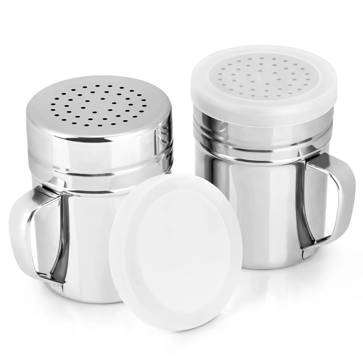 Accmor 2 dragados de acero inoxidable, salero y pimienta con asa, condimentos y especias con tapa, 10 onzas