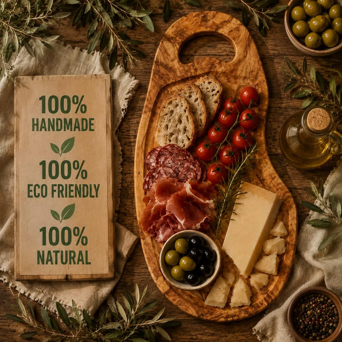 Tabla de cortar artesanal con rigole y mango de madera de olivo natural para cocina profesional, hecha a mano, 40 cm