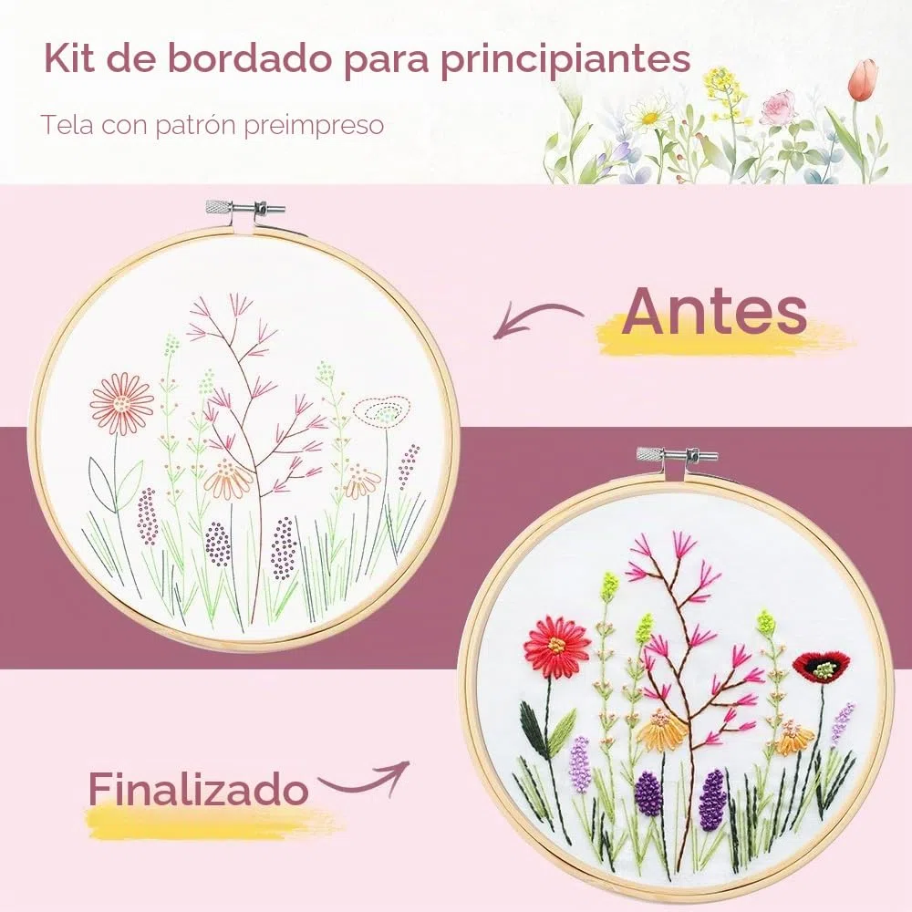 Kit de bordado para adultos, 4 juegos de iniciación de bordado con patrones de flores florales, kit de bordado a mano con aro de bordado e instrucciones (idioma español no garantizado), kits de punto