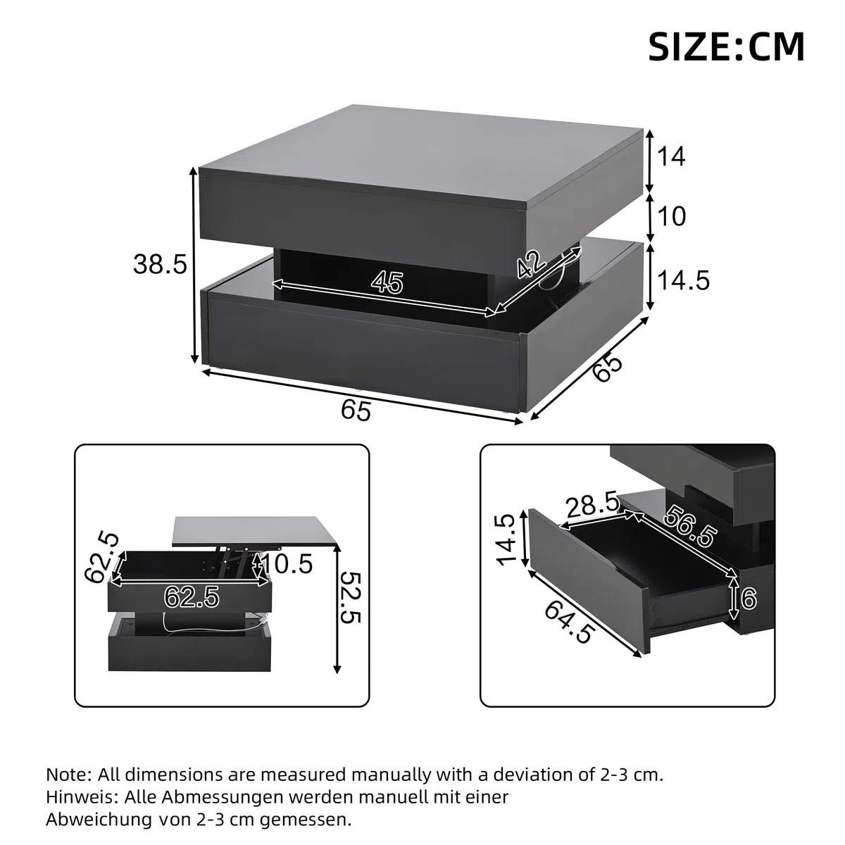 65 x 65 x 38,5 cm elevable mesa de salón auxiliar, mesa de centro brillante con barra de luz LED, mesa de sofá con 2 cajones, color negro