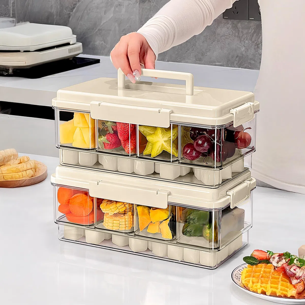Paquete de 2 organizadores de condimentos enfriados con hielo con 4 recipientes y 4 tapas, bandeja para servir frutas con asa, organizador de condimentos portátil para suministros de barra de