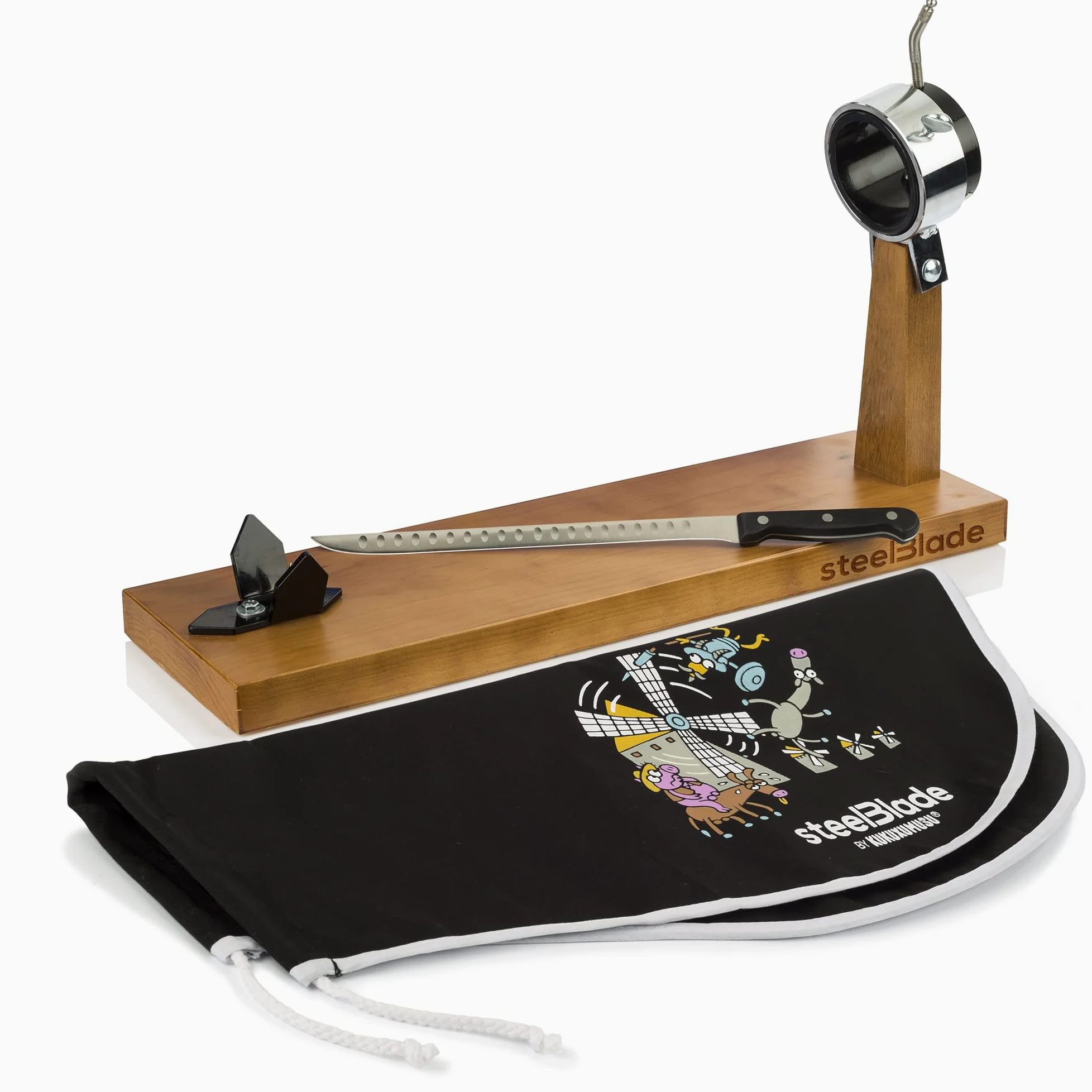 Jamonero Giratorio 360º Madera Lacada + Cubre jamón Kukuxumusu + Cuchillo Jamonero 28 cm - Soporte Jamonero Fabricado en España - Jamonera 2 Posiciones para Jamones y Paletas (011132)