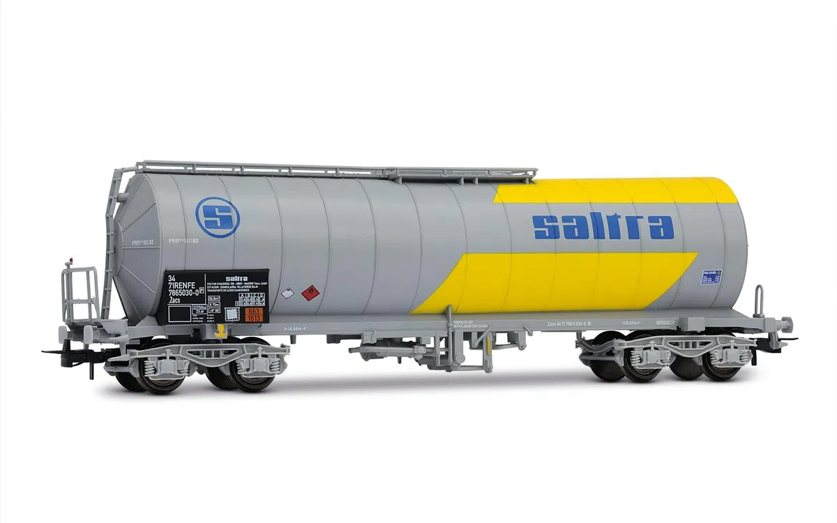 Electrotren RENFE, vagón cisterna aislado de 4 ejes SALTRA para transporte de ácido cianhídrico, amarillo/gris, ep IV