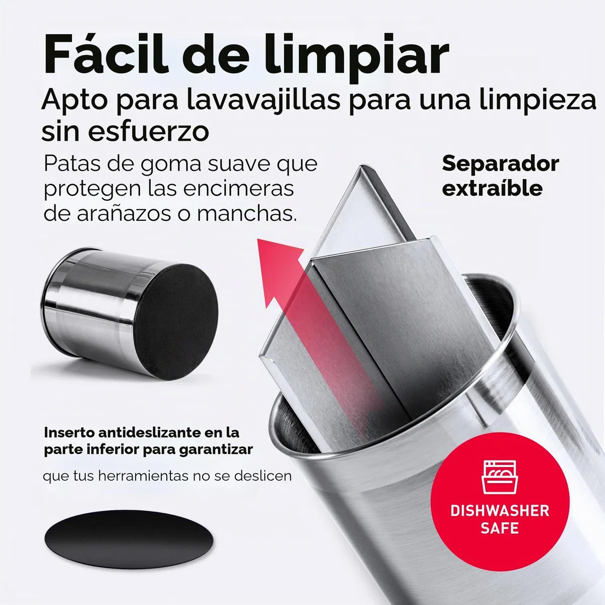 Soporte para Utensilios de Cocina COOLER con Base Estable Antivuelco, Divisor Removible y Fondo con Inserto Antideslizante. Lavavajillas