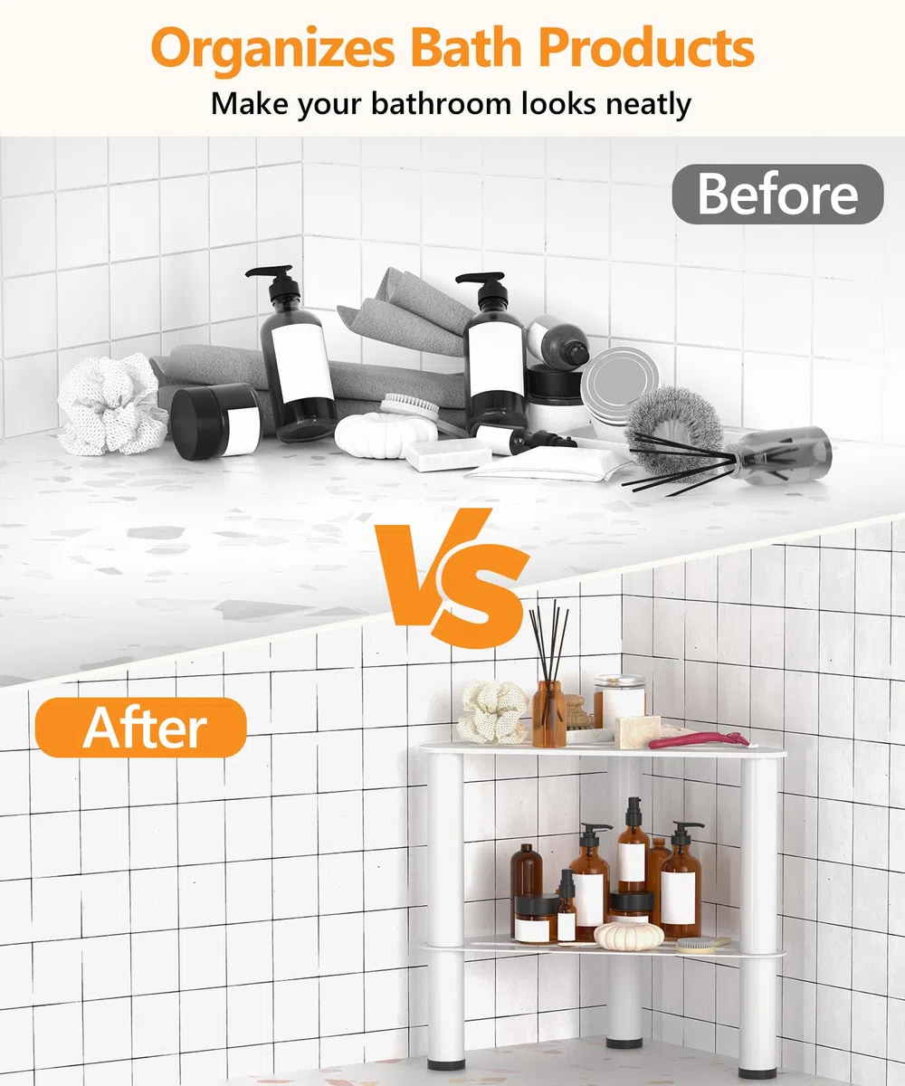 Taburete esquinero de ducha para afeitarse las piernas, 2 niveles, resistente al óxido con almacenamiento | Banco de pie de ducha antideslizante e impermeable, color blanco, de metal, pequeño escalón de spa para ducha interior