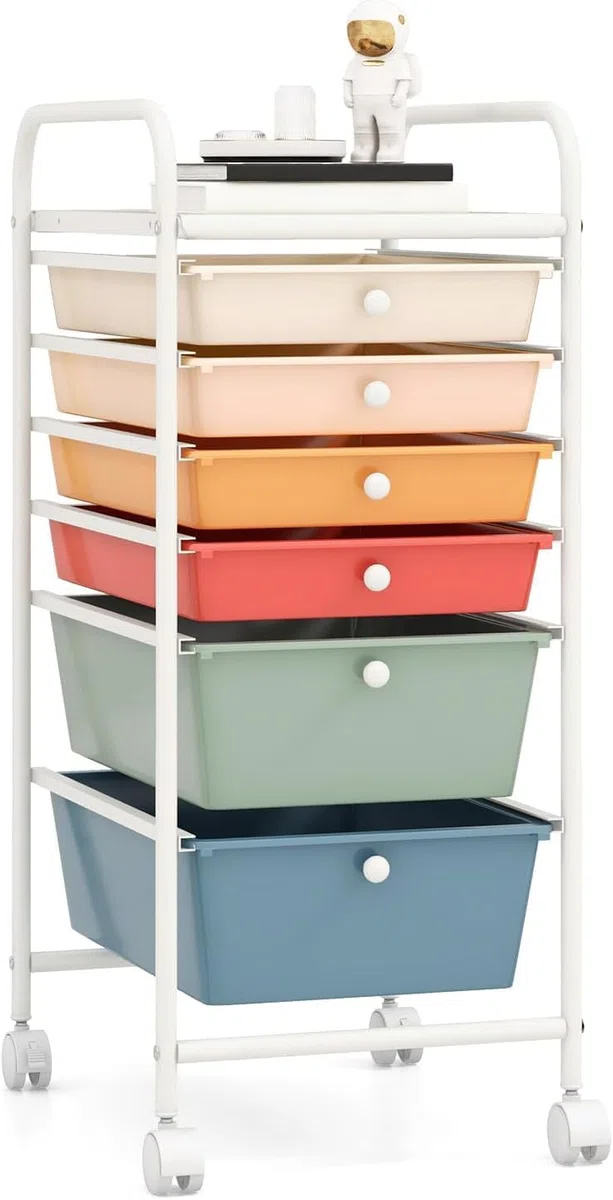 GIANTEX Carro de Almacenamiento con 6 Cajones, Cajonera con 4 Ruedas(2 con Frenos), Tablero y Marco de Metal, Cajones Plásticos, Carrito Auxiliar para Oficina, Dormitorio, Baño (Macaron)