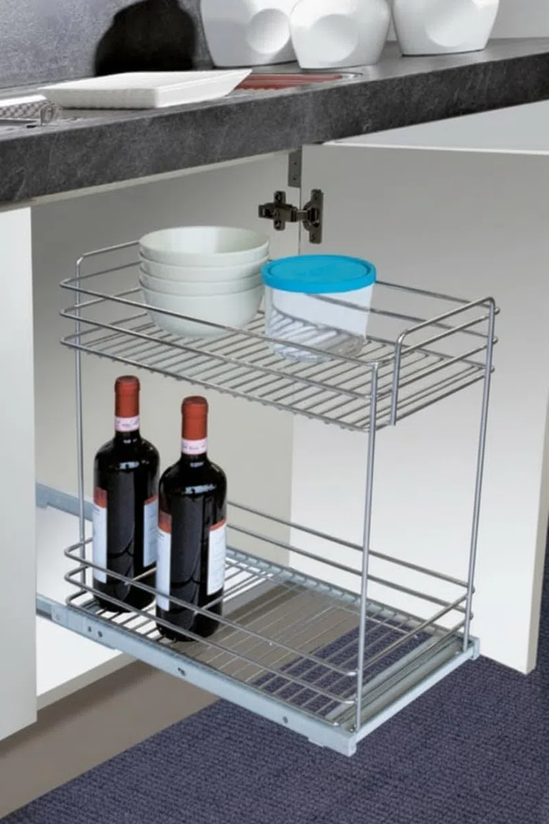 Cesta extraíble para debajo del fregadero de cocina, 23,5 x 45 x 48,5 cm, cajón telescópico deslizante con guías laterales, organizador plano de alambre de acero, cesta de almacenamiento botellero
