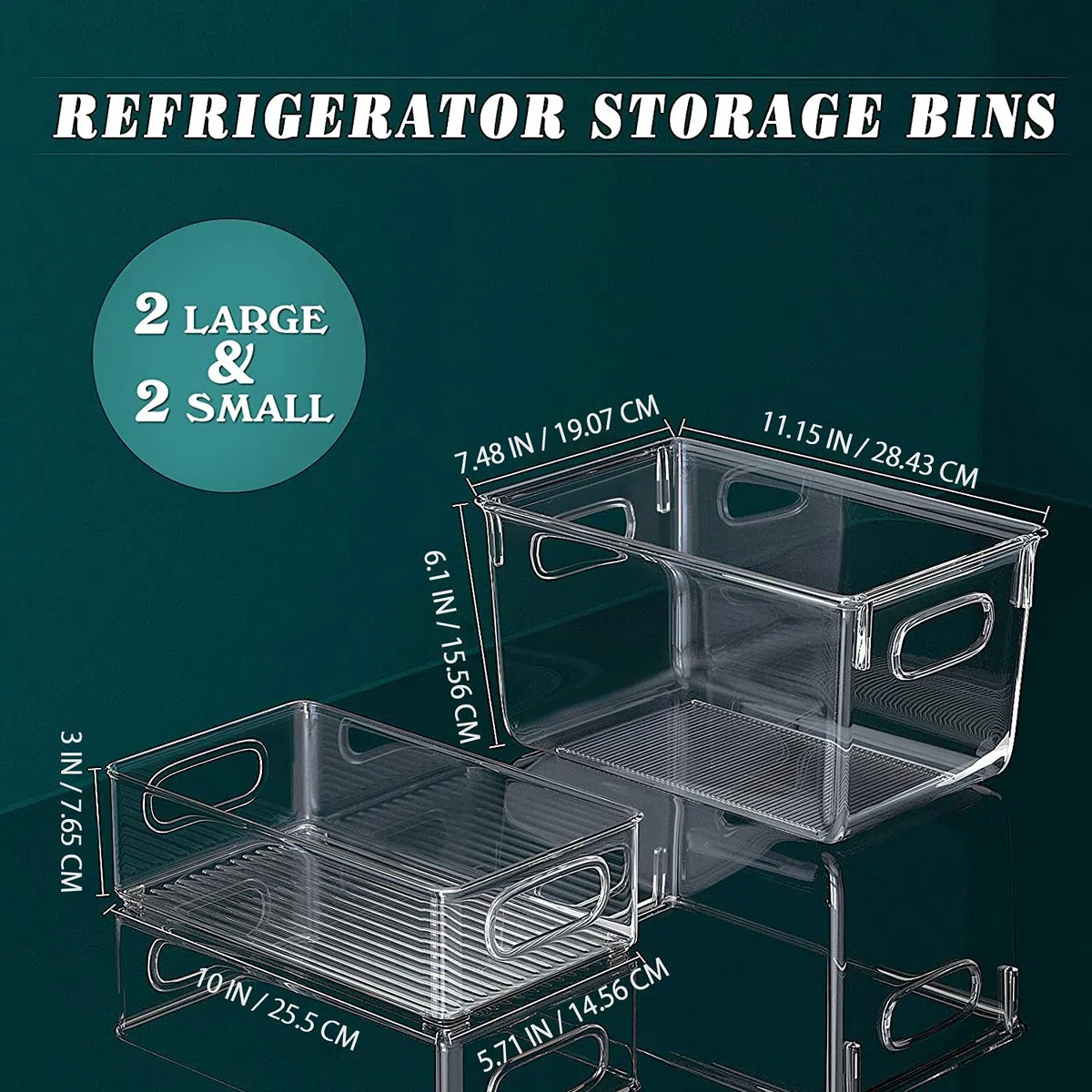 Finew Juego de 4 Cajas de Almacenaje de Refrigerador Apilables, Organizadores Transparentes Plásticos Apilables de Nevera, para Cocina Despensa Gabinete Baño Armario Cajón - 2 Grandes / 2 Medianos