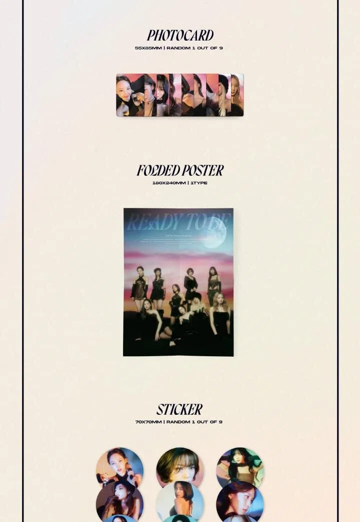 TWICE READY TO BE 12º Mini Álbum, versión Digipack, CD+POB+Cartel desplegable en el paquete+Libro de fotos+Tarjeta fotográfica+Adhesivo+Seguimiento sellado (Conjunto de 9 versiones)