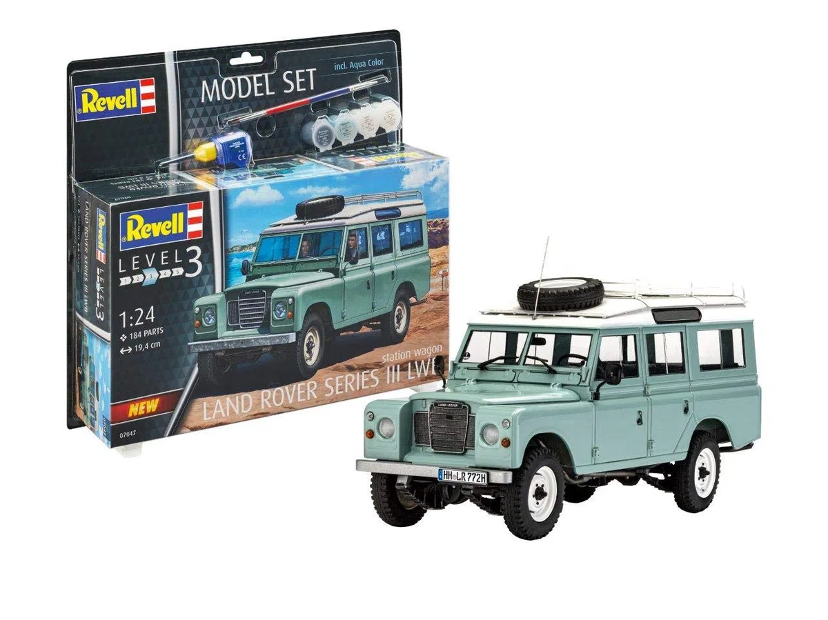 Revell Juego de Modelo 67047 Land Rover Series III LWB Station Wagon Escala 1:24, Kit de Modelo de plástico sin Pintar/sin Pintar con Pegamento Profesional Contacta, Pincel y Pinturas de Color