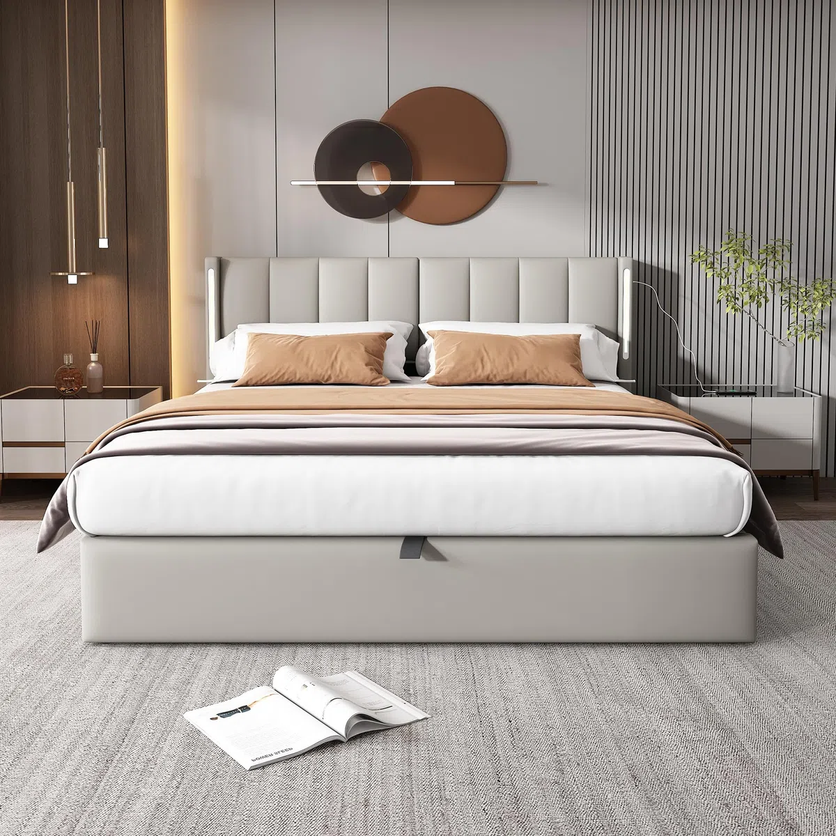 Cama Tapizada de 160x200 cm con Cabecero LED Inclinable y USB, Estructura de Cama Doble con Soporte de Láminas de Madera y Almacenamiento Hidráulica, Somier Metálico, PU, Gris, Sin Colchon