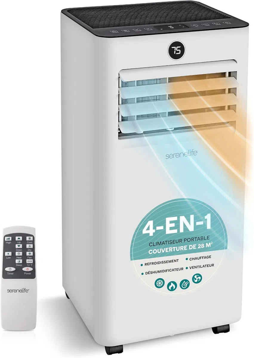 SereneLife - Aire acondicionado móvil 7000 BTU con calefacción, hasta 31 m² - Silenciador 55 dB, Deshumidificador, Ventilador, Control remoto y Pantalla LED