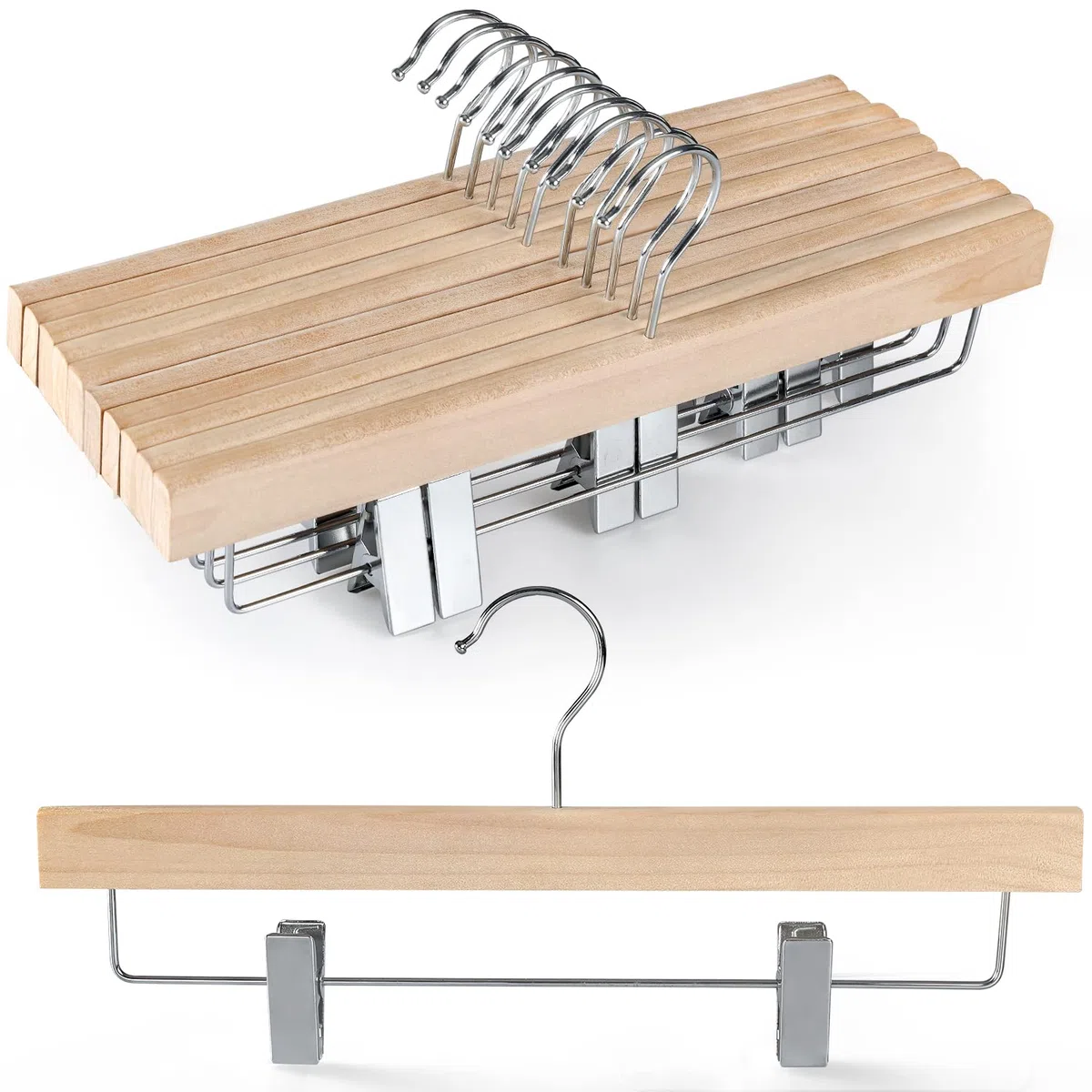 TOPIA HANGER CT10PN - Perchas de madera natural para adultos, colgador de falda de madera sin terminar con clips ajustables, colgador de jeans con gancho giratorio de 360° antioxidante, colgador de