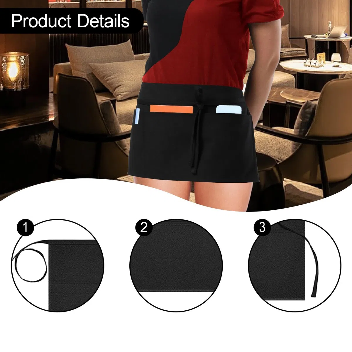 Delantal Corto Lavable de Cintura Baja para Camareras de Restaurantes, Salones de Belleza Y Otros Establecimientos, Negro, tal como se describe