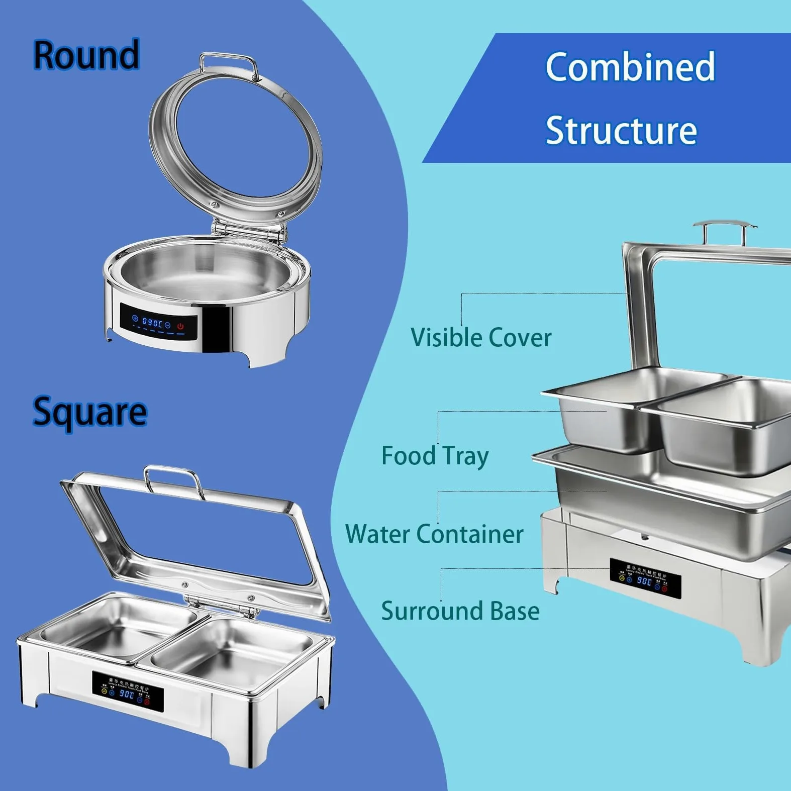 Calentadores de alimentos de buffet con temperatura ajustable y tapa de vidrio para servir en la mesa