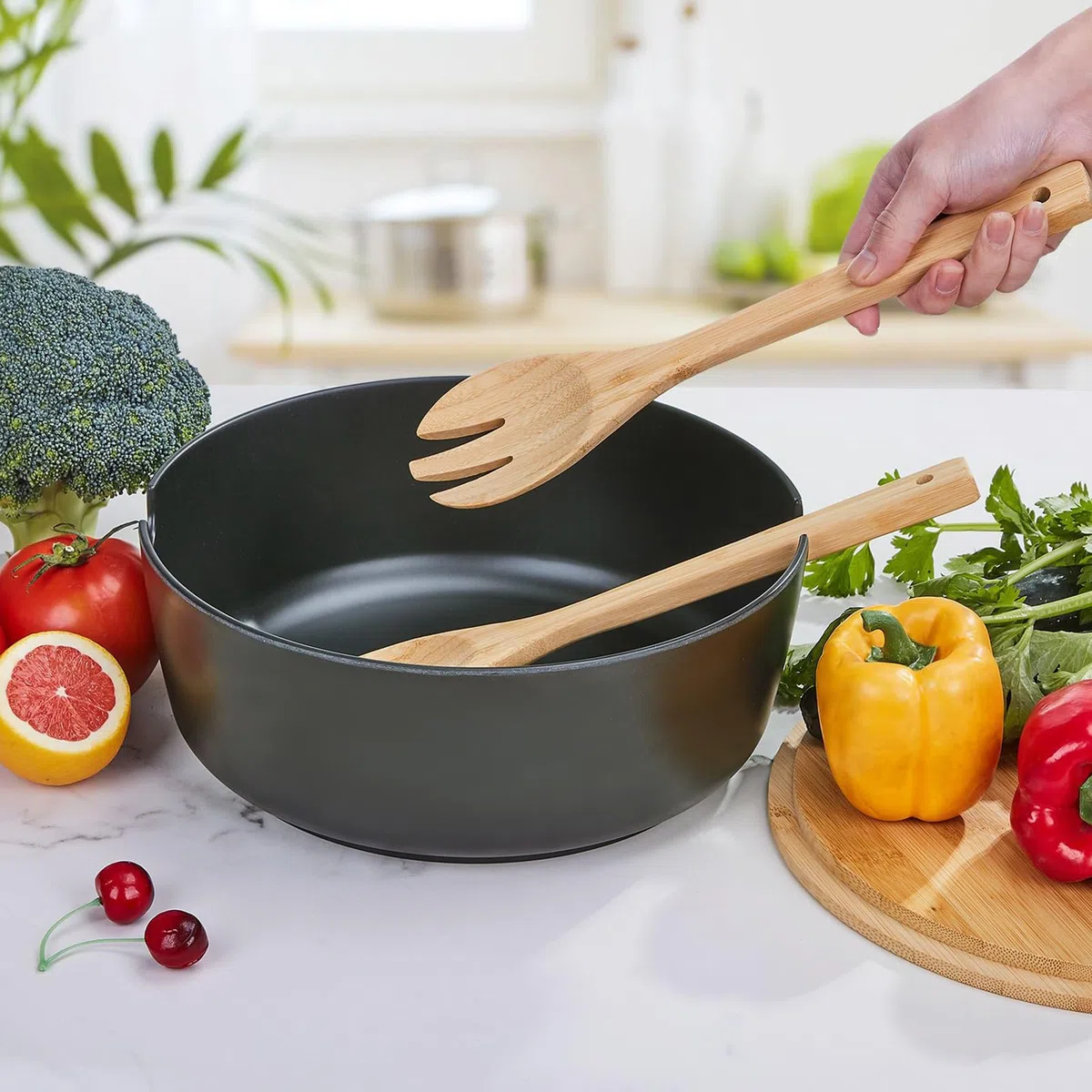 Ensaladeras Grandes Ensaladeras De Madera Vajilla Cuchara Tenedor | Boles Grandes para Servir con Para Frutas Verduras Aperitivos Almuerzo Cena Preparar Mezclar Cocinar Cereales