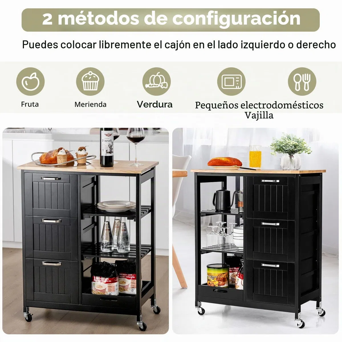 KOMFOTTEU Carrito de Cocina con Ruedas, Carro de Servicio con 3 Estantes Abiertos y 3 Cajones, Carro Auxiliar con Encimera de Madera de Caucho, Isla de Almacenamiento para Comedor (Negro)