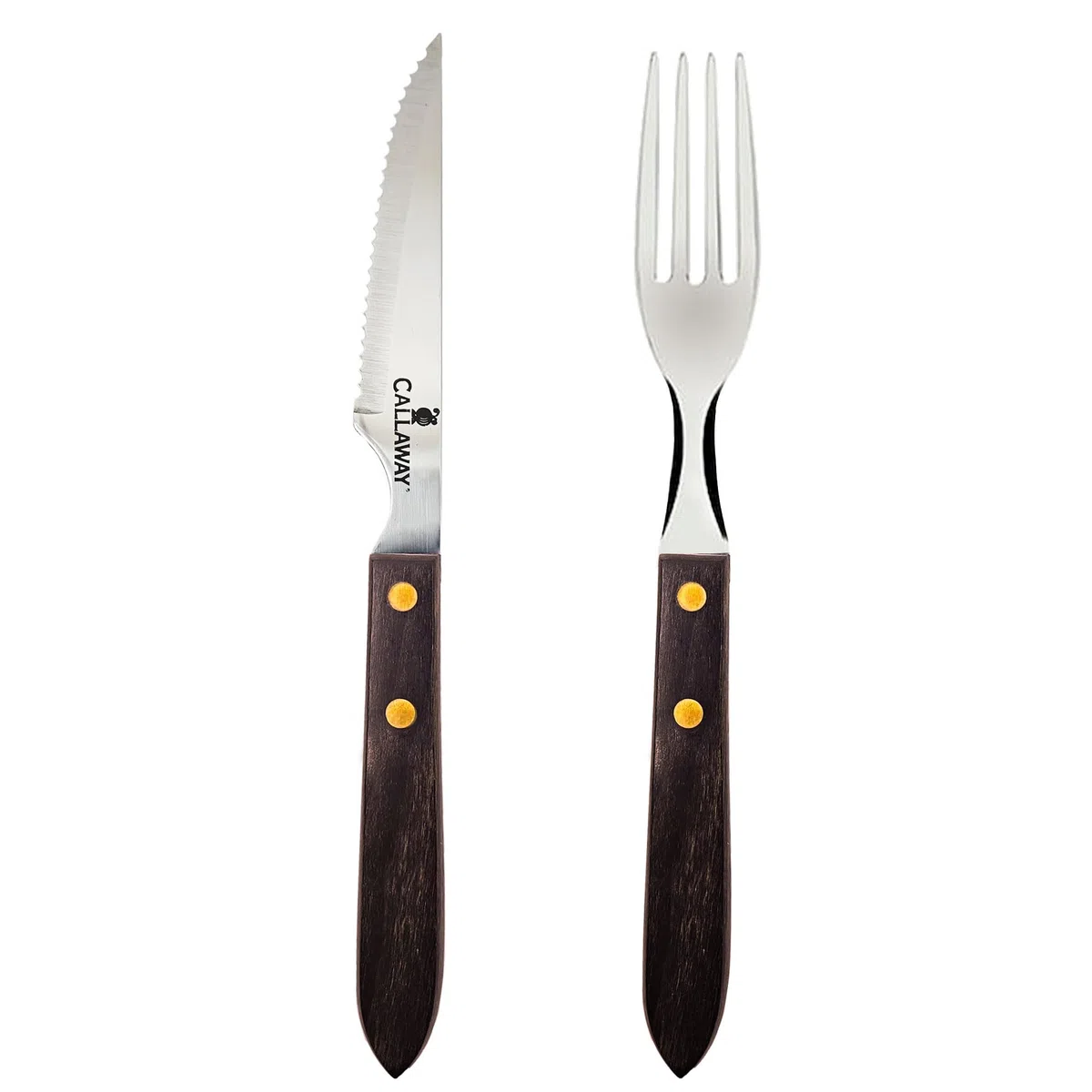 briebe Juego de Cubiertos Mango Madera Acero Inoxidable, Cuchillos Carne Mesa, Hoja Sierra, Tenedores, Set 12 Piezas, 6 Personas, Apto Lavavajillas, Hogar, Camping, Hoteles