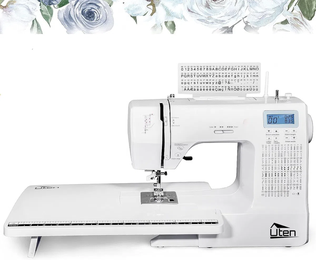 Uten Máquina de Coser Computarizada Portatil Electrica Profesional con 200 Puntadas de Costura 8 Ojales,con Mesa Extensora Grande Pantalla Grande Display Multifunción Blanco