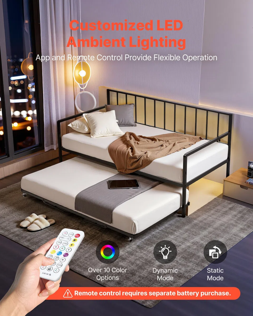 VEVOR Estructura de Sofá Cama de Metal 196x98x96,5 cm Marco de Cama de Día con Estación de Carga LED Carga de 181,44 kg para Apartamento, Sala de Estar, Dormitorio, Habitación de Invitados, Negro
