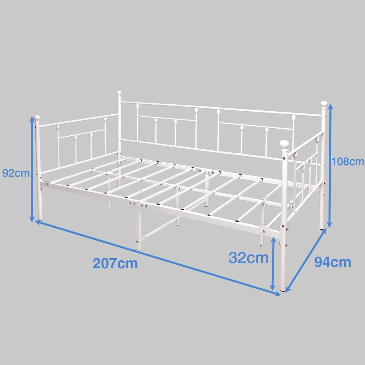 Marco de cama de 90 x 200 cm, sofá individual con somier de láminas para habitación de invitados, jóvenes, cama de metal para dormitorio, sala de estar, color blanco