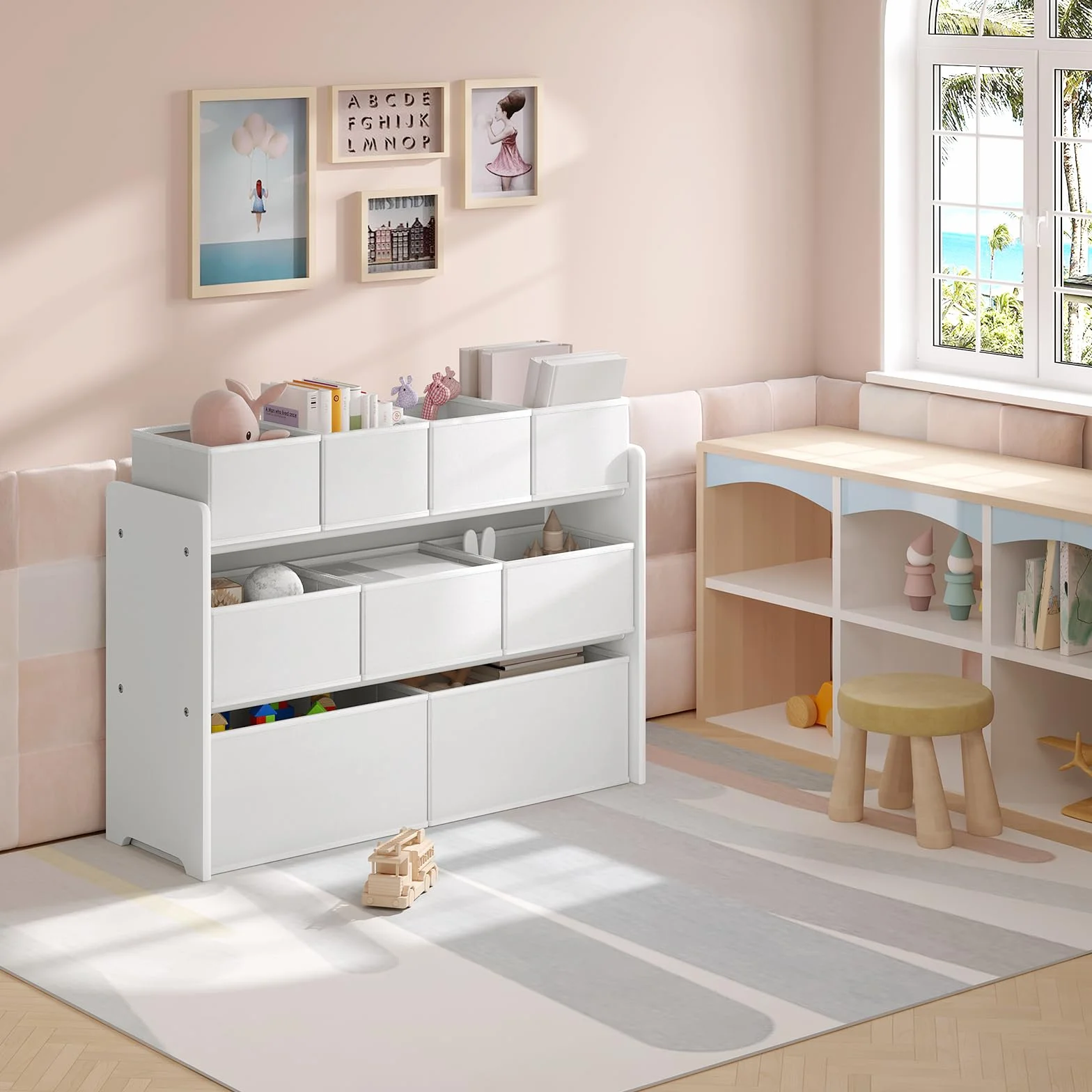 Lestarain Organizador de Juguetes para Niños, Estanteria Infantil de Almacenaje de 9 Cajas, Mueble Infantil de 3 Niveles, Estantería para Habitación, Sala de Juegos y Guardería, Blanco, 92x60x30 cm