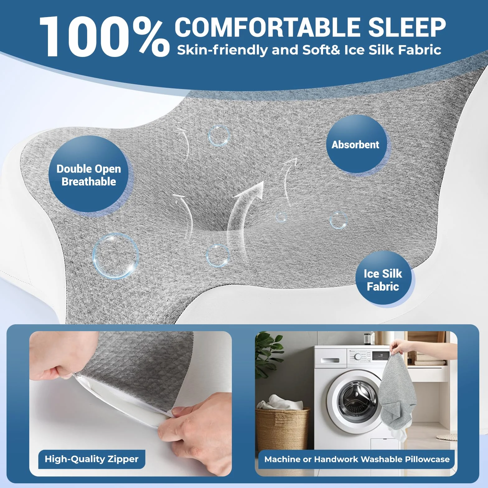 Almohada cervical, almohada de espuma viscoelástica, almohada ortopédica, almohada ergonómica, adecuada para dormir de lado, de espalda y boca abajo (gris)