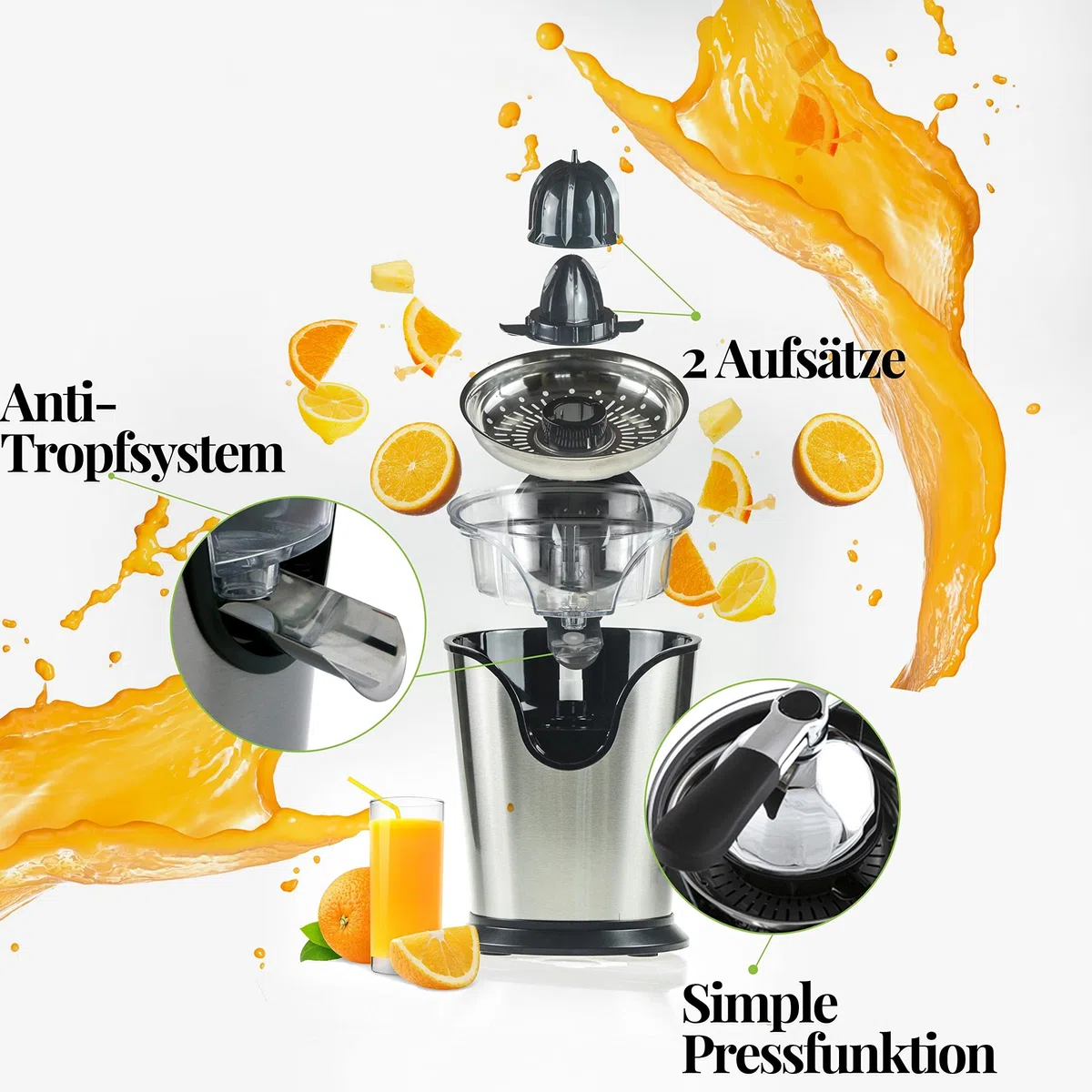 Exprimidor eléctrico de acero inoxidable | Motor Longlife | 500 W | 2 cápsulas de presión | colador de acero inoxidable | exprimidor eléctrico | Auto Start-Stop | Exprimidor