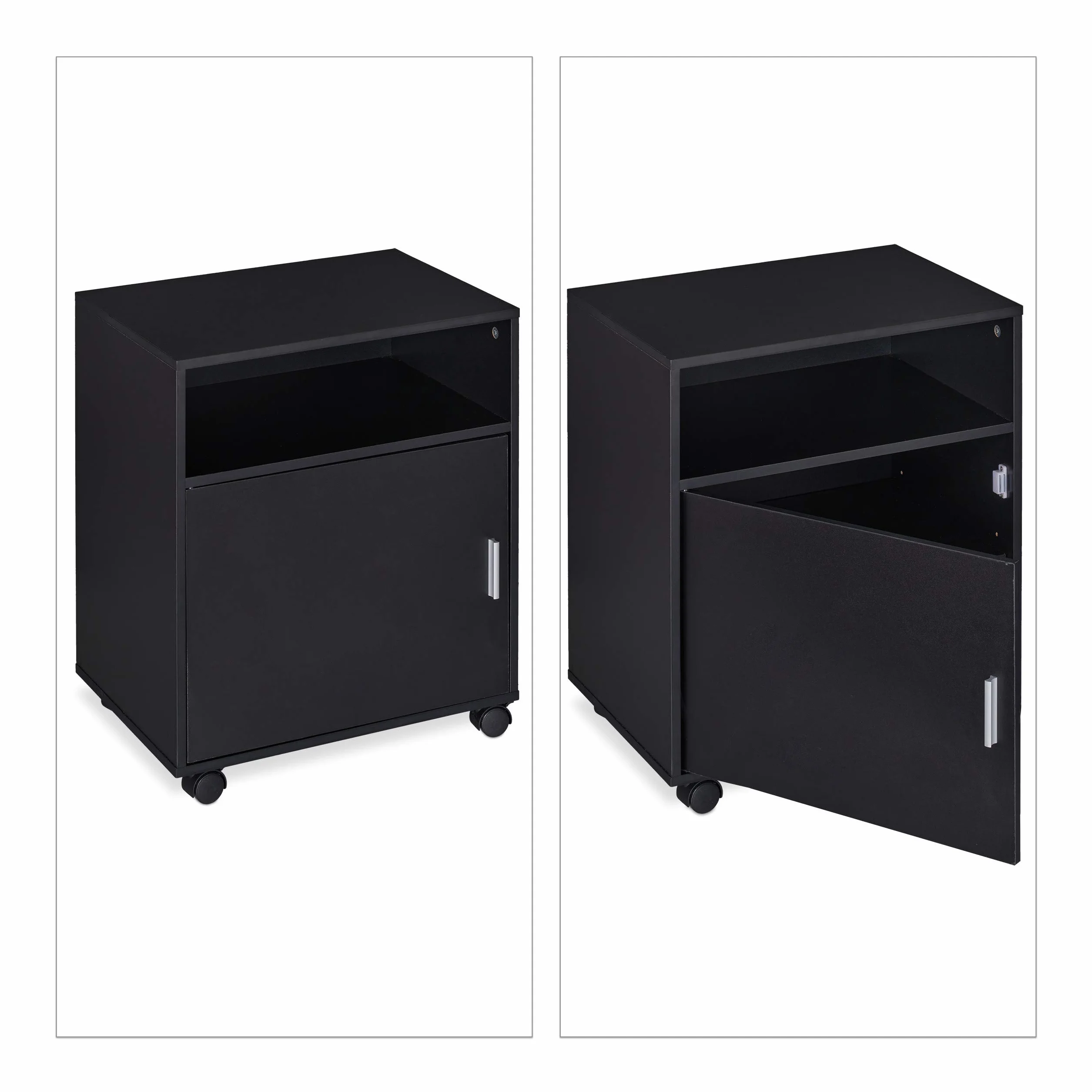 Relaxdays Mueble Auxiliar Impresora 3 Compartimentos y Puerta, Oficina y Teletrabajo, Ruedas, 57 x 48 x 34 cm, Negro