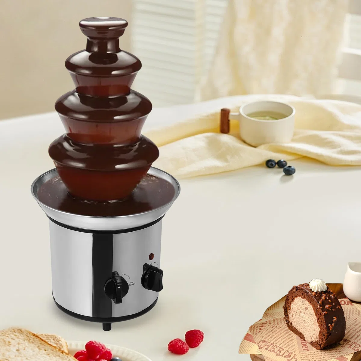 Fuente de chocolate de 4 niveles de acero inoxidable con 1 8 l de capacidad y 170 W de potencia, perfecta como máquina de postres y fondant de chocolate