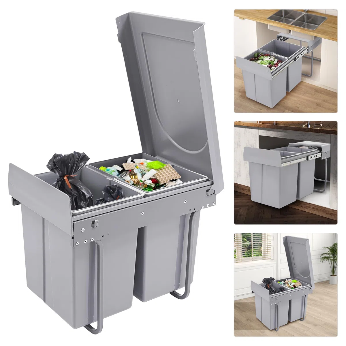 Cubo de basura de cocina de 40 L, extraíble, con 2 cubos, antideslizante, para hogares, restaurantes, cafeterías, oficinas, baños, cocinas, ahorradores de espacio debajo del armario