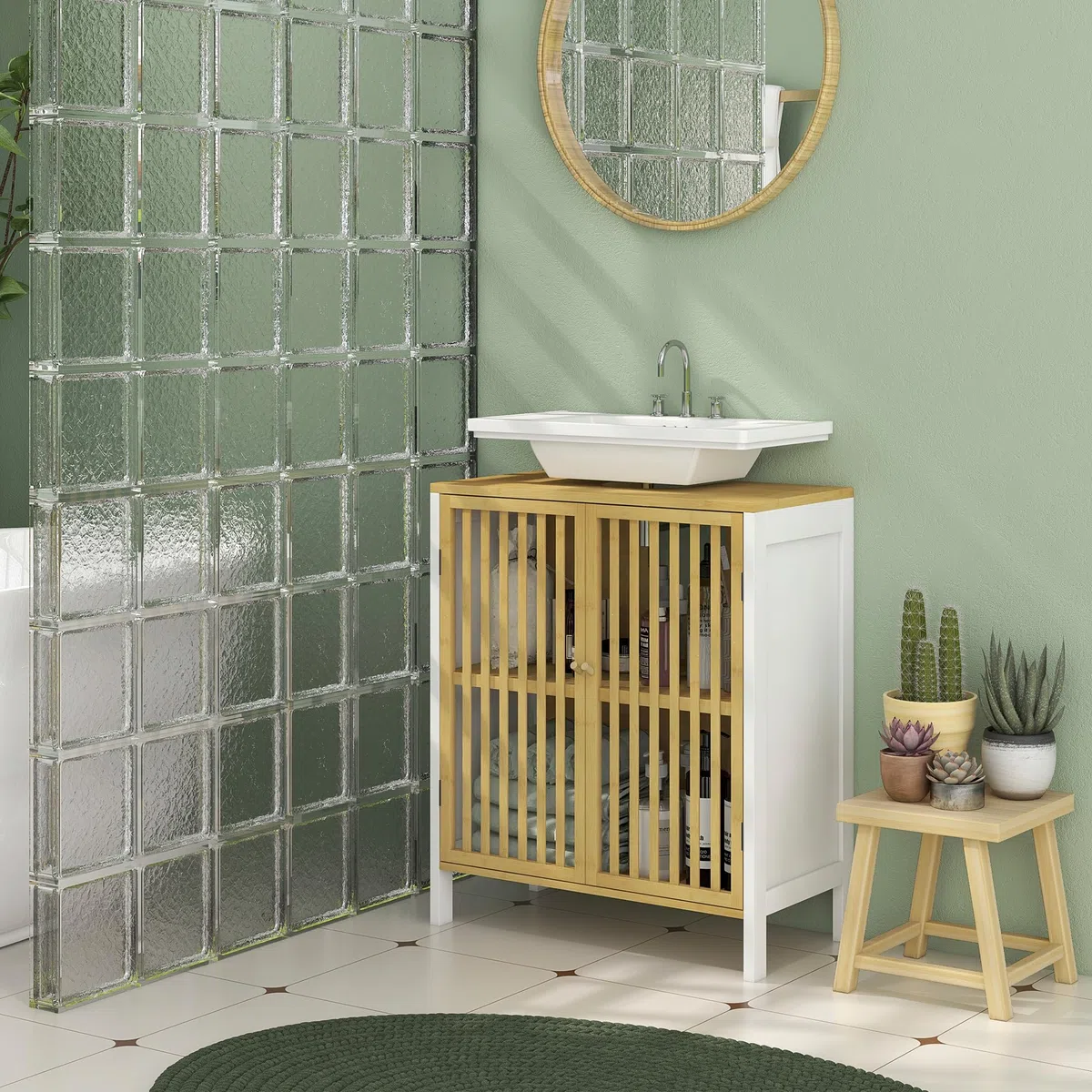 HOMCOM Mueble para Debajo del Lavabo Armario de Almacenamiento Bajo Lavabo de Bambú con Estante Ajustable y Puerta Doble Carga 30 kg 60x30x70 cm Blanco y Natural