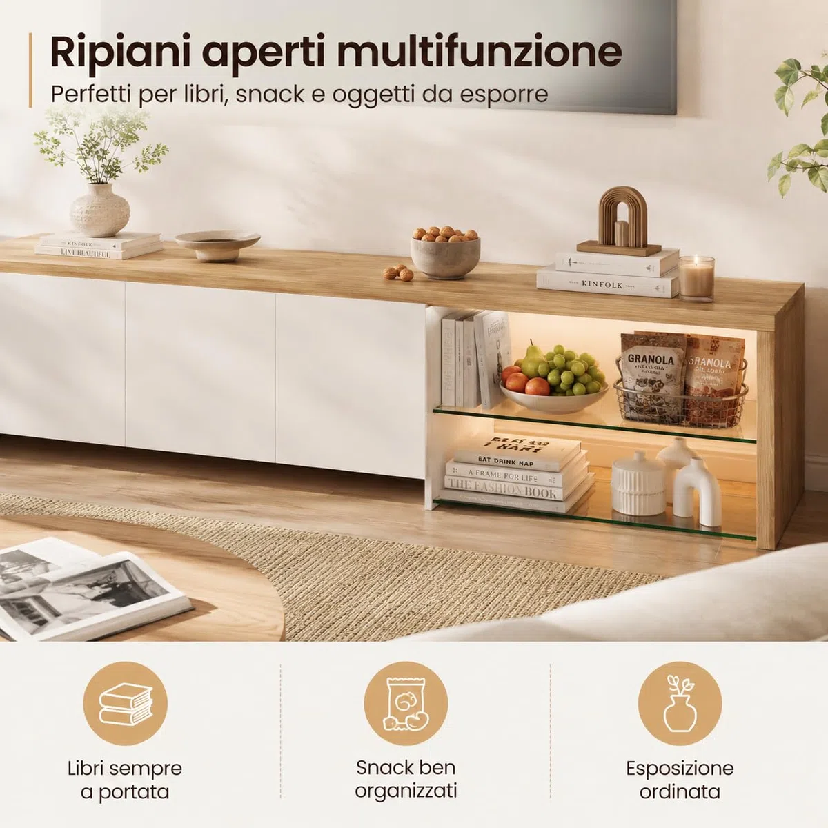 Mueble bajo para TV con Espacio de Almacenamiento, Mesa de televisión con 3 Puertas y Estante de Cristal, Banco de TV para televisores de hasta 85 Pulgadas, aparador para salón, Color Blanco