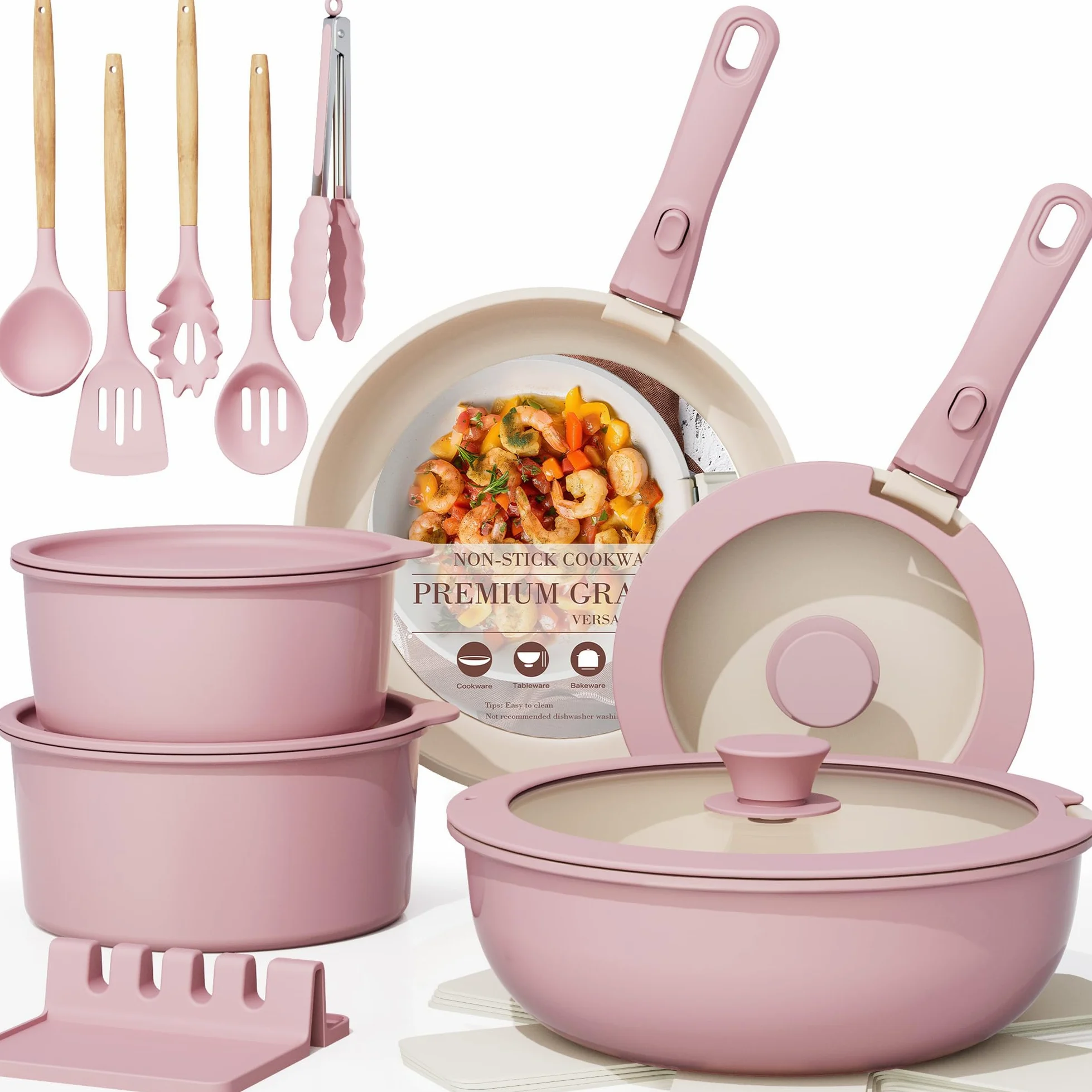 Astercook Juego de 21 ollas y sartenes de cerámica antiadherentes, asas desmontables, juego de cocina de caravana, apto para horno, listo para inducción, apilable, rosa