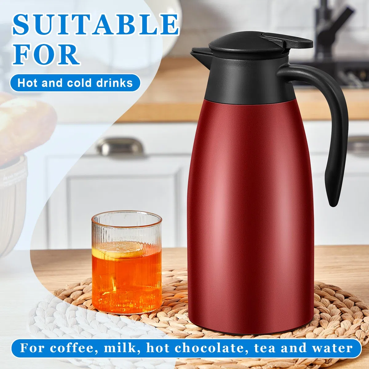 Uiifan 2 jarras térmicas de café de 68 onzas con aislamiento de acero inoxidable, jarra de café térmica de doble pared, jarra de café con cepillos para mantener el café y el té durante 12 horas (rojo