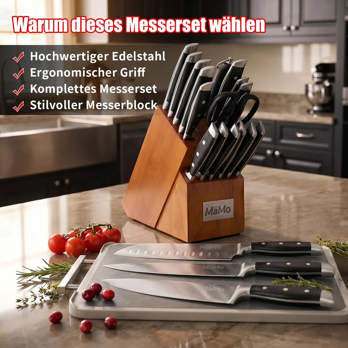 Juego de 19 cuchillos con bloque de cuchillos y tabla de cortar de titanio, juego profesional de cuchillos de cocina de acero inoxidable con cuchillo de chef, cuchillo Santoku, 6 cuchillos de carne