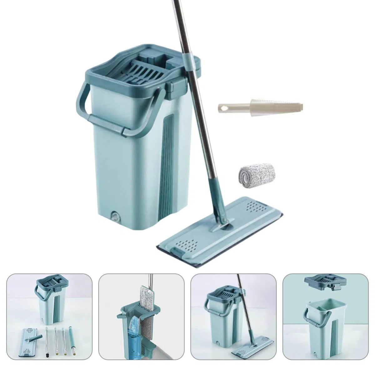 Lurrose 1juego Mopa sin Lavado con Cubo Escurridor de Limpieza Doméstica Microfibra Absorbente Extracción Manual para Suelos Secos y Húmedos Diseño Práctico y Ergonómico