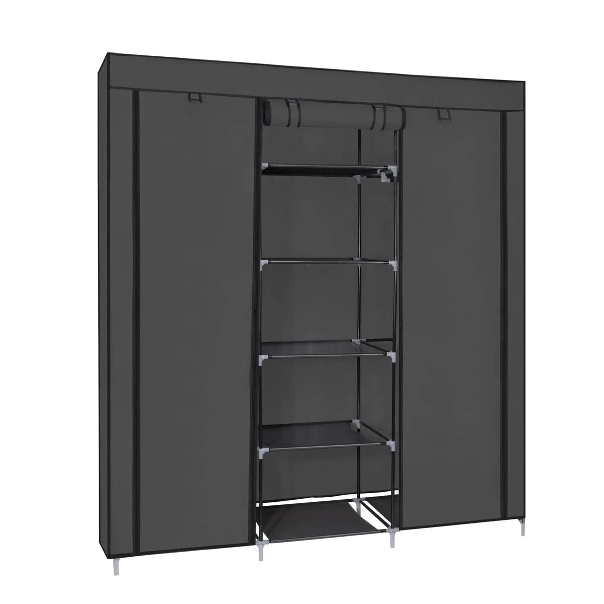 T-LOVENDO.ES Armario de Tela ropero estantería con Cremallera Plegable Modular portátil Grande 175 x 150 x 45 cm. Tubos de Acero para Perchas. Varios estantes Robusto y Estable. Negro