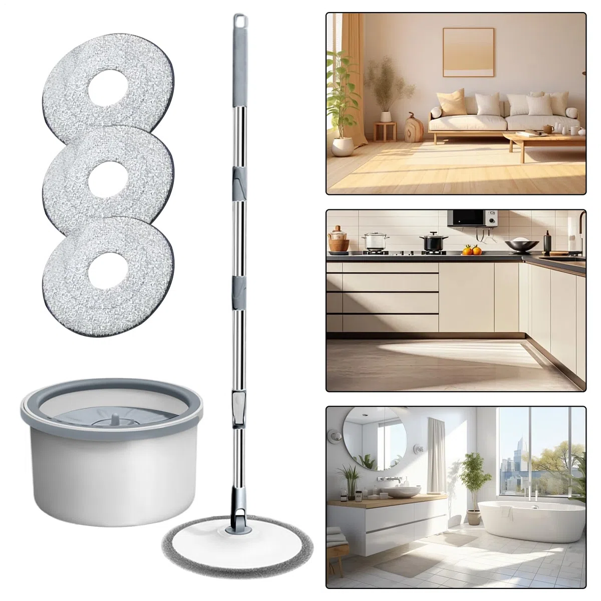 Fregona Con Cubo Compacto, Ligero, Doméstico, Limpieza | Kit Fregona Giratoria Con Cubo Individual Y Escurridor para Todo el Hogar, Suelos de Madera Noble, Mármol, Cocina, Baño y