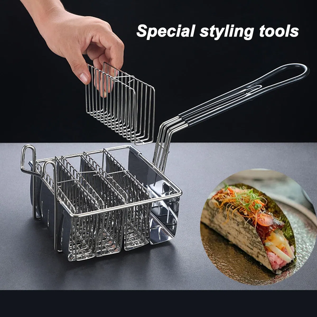 Focket Canasta de Freidora de Taco de Forma u, Soporte de Tacos de Acero Inoxidable con de Agarre para Restaurante de Cocina