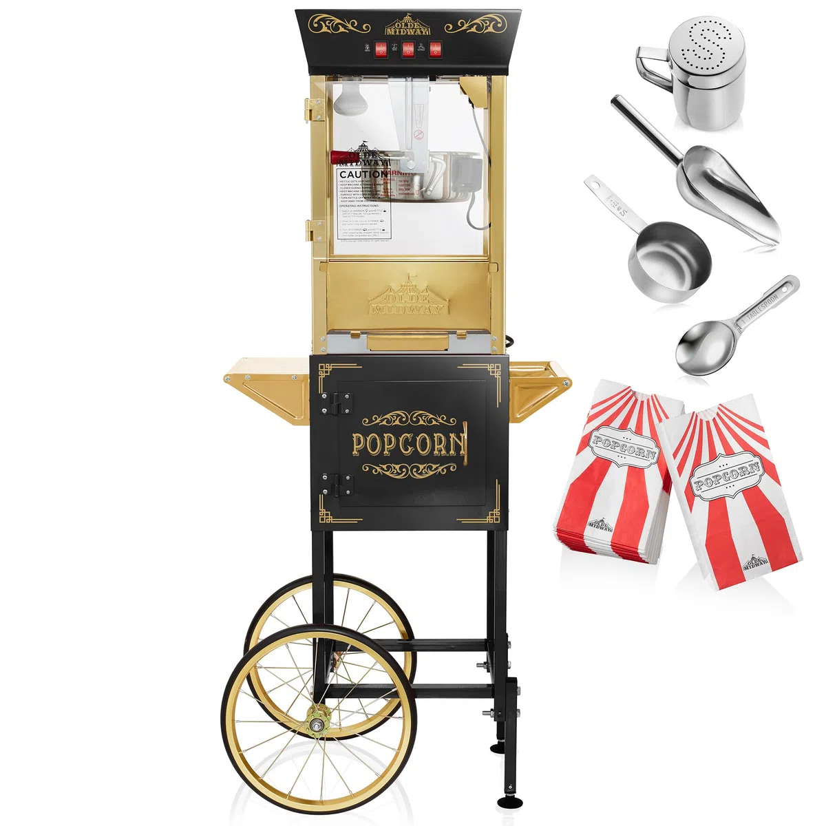 Olde Midway Máquina de palomitas de maíz estilo cine con carrito y hervidor de 8 onzas, color negro, estilo clásico con ruedas