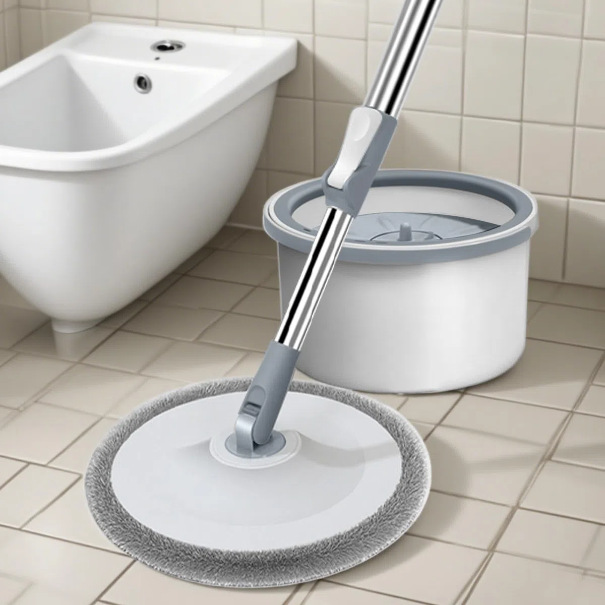Fregona Con Cubo Compacto, Ligero, Doméstico, Limpieza | Kit Fregona Giratoria Con Cubo Individual Y Escurridor para Todo el Hogar, Suelos de Madera Noble, Mármol, Cocina, Baño y