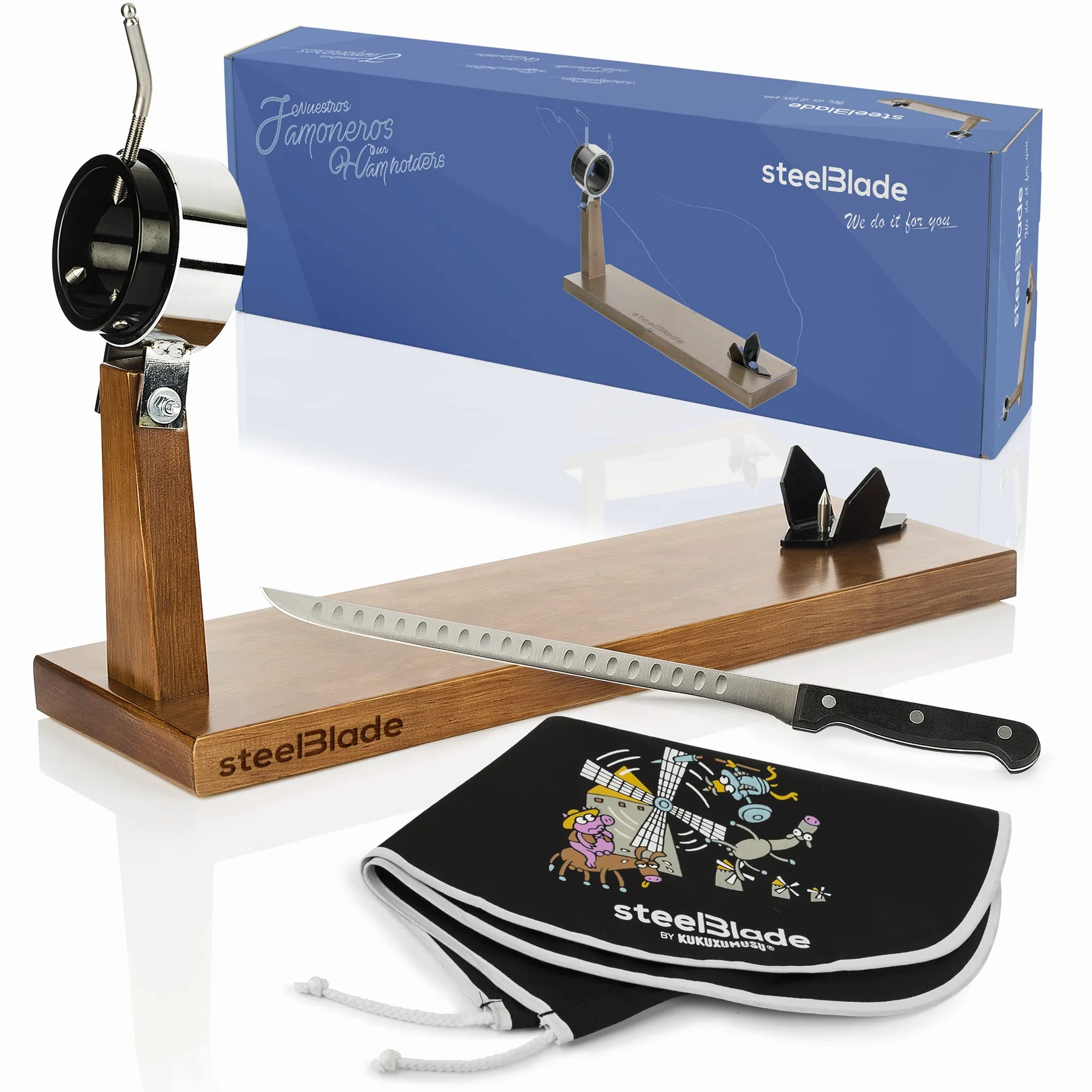 Jamonero Giratorio 360º Madera Lacada + Cubre jamón Kukuxumusu + Cuchillo Jamonero 28 cm - Soporte Jamonero Fabricado en España - Jamonera 2 Posiciones para Jamones y Paletas (011132)