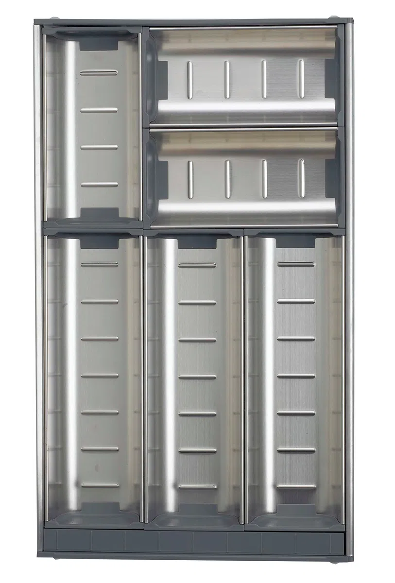Cubertero para interiores de cajón de cocina, acero inoxidable de 64mm de altura modulable con separadores de plástico para almacenamiento de cubiertos (472 x 280)