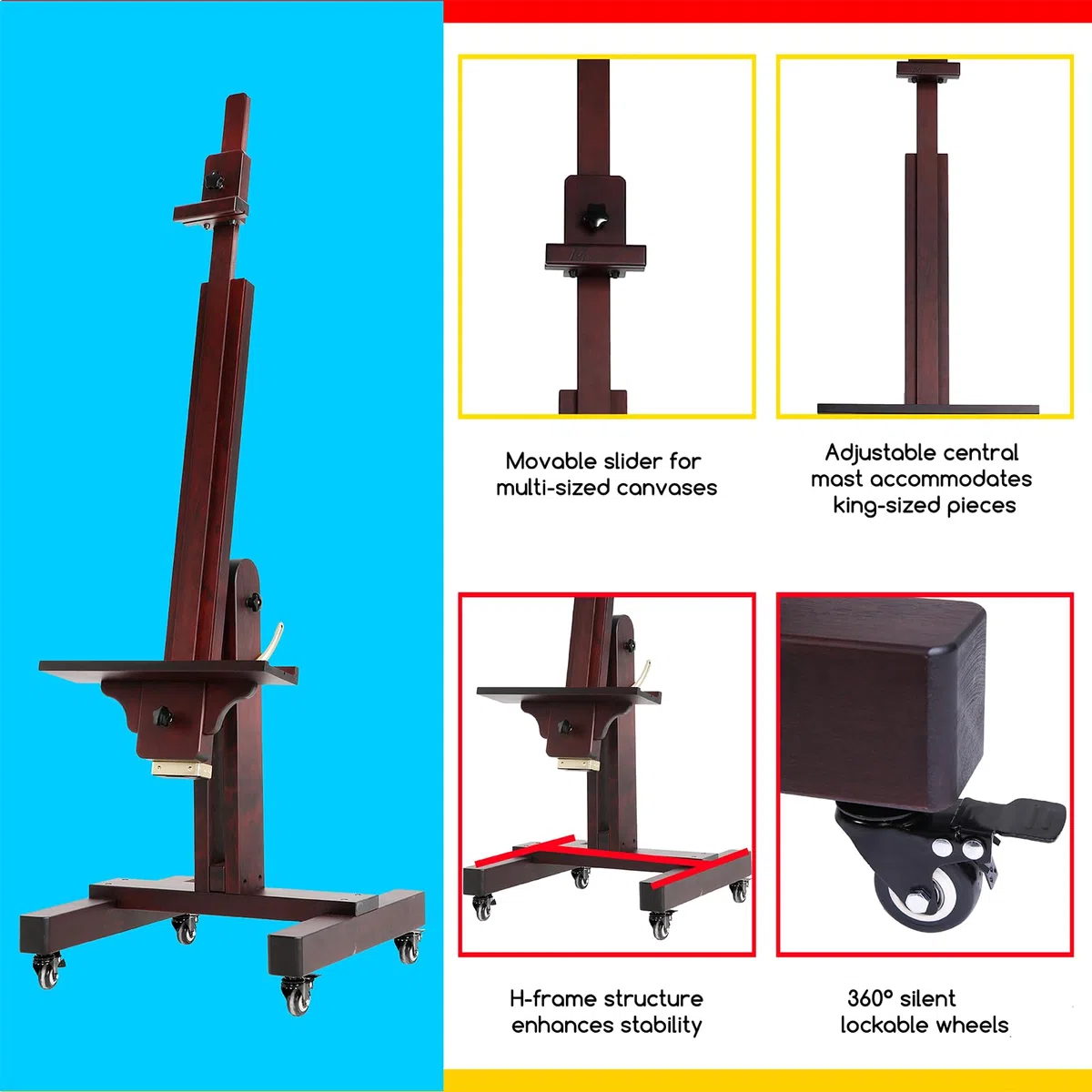MEEDEN Caballete de pintura resistente: caballete grande profesional de madera de haya maciza que sostiene lienzos de hasta 180 cm de alto, se inclina fácilmente en plano, caballete de suelo de madera