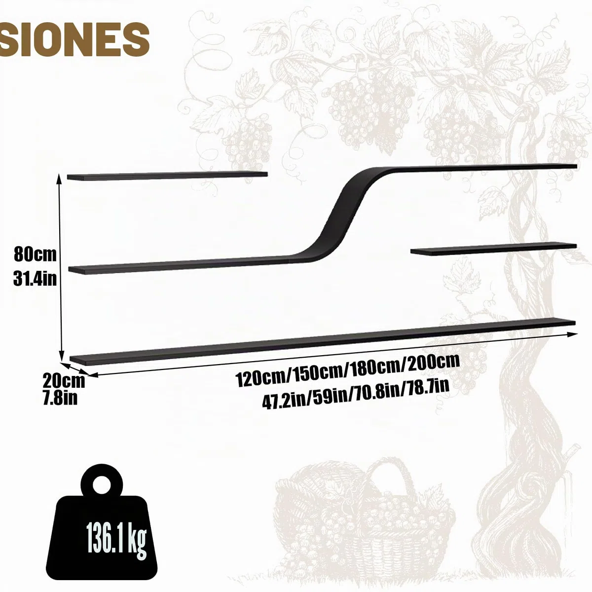 Botellero de Vino Montado en la Pared con Luz LED, Estantes de Vino Decorativo de diseño curvo moderno, 3 Niveles Estante para Exhibición De Vinos, para Bar doméstico, Cocina, Catering (negro, 150cm)